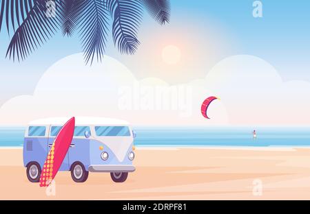 Surfer Reisebus mit Surfbrett auf tropischen Strand Vektor-Illustration. Cartoon Strandlandschaft, Wohnmobil am Sandstrand und Palmen, Surfer Charakter Surfen im Meer oder Wellen Hintergrund Stock Vektor