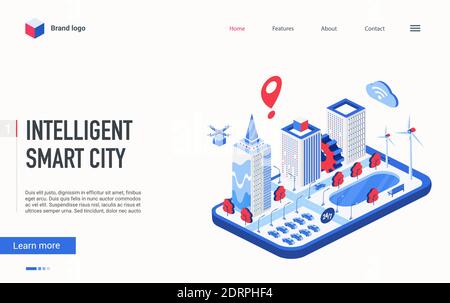 Website modernes Landing Page Design mit futuristischer Stadtlandschaft Infrastruktur, Automatisierung von Bürogebäude, intelligente digitale Technologie, Cyber-Haus-System. Isometrische Smart City Vektor-Illustration Stock Vektor