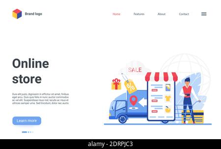 Cartoon flach kreative Website Landing Page Design mit Mann Käufer Kunden Charakter Shopping, mit Smartphone Shop App für die Bestellung von Waren, Lieferung von Käufen nach Hause. Vektordarstellung im Online-Shop Stock Vektor