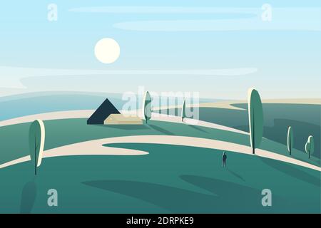 Schöne Landschaft mit Dorfhaus in den Feldern Wiesen abstrakt minimalistischen Vektor-Illustration Stock Vektor