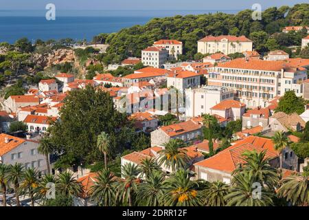 Dubrovnik, Dubrovnik-Neretva, Kroatien. Blick über die Dächer des Pfahlviertels vom Minčeta-Turm, dem höchsten Punkt der Stadtmauer. Stockfoto