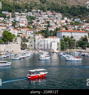 Dubrovnik, Dubrovnik-Neretva, Kroatien. Blick auf den Alten Hafen, Häuser im Stadtteil Ploče, die sich an steilen Hängen Klammern. Stockfoto