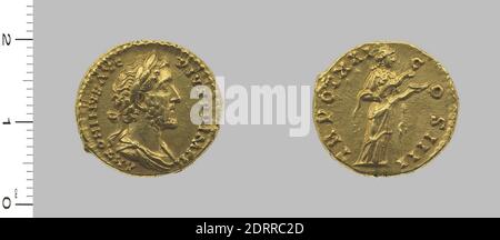 Herrscher: Antoninus Pius, Kaiser von Rom, 86–161 n. Chr., regiert 138–161 n. Chr., Münzstätte: Rom, Aureus von Antoninus Pius, Kaiser von Rom, 157–58, Gold, 7.30 g, 6:00, 17.8 mm, Made in Rome, Italy, Roman, 2. Jahrhundert, Numismatik Stockfoto