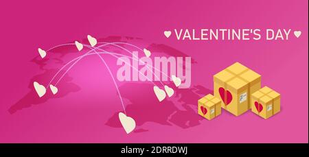 Valentinstag Geschenk-Boxen Lieferung, Karte Erde Lieferung Tracking Logistik Fracht. Vektor-isolierte Illustrationsvorlage Stock Vektor