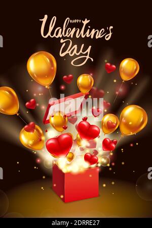 Happy Valentines Tag Geschenkbox offen Geschenk mit fliegenden Herzen, Ballons Gold und hellen Lichtstrahlen, Explosion platzen. Happy Valentines Day Geschenkbox Stock Vektor