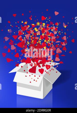 Öffnen Explosion weiße Geschenkbox fliegen Herzen und Konfetti Happy Valentine s Tag. Vektor Illustration Vorlage Baner Poster isoliert. Blauer Hintergrund Stock Vektor