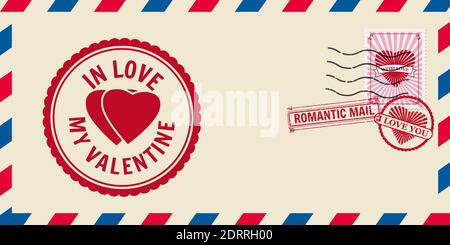 Briefumschlag für Valentinstag mit Herzen in Liebe, Briefmarke. Vektordarstellung der Vorlage isoliert Stock Vektor