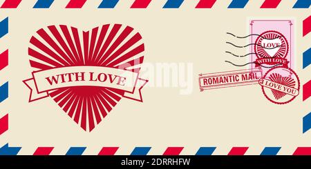 Briefumschlag für Valentinstag mit Hearts Love, Briefmarke. Vektordarstellung der Vorlage isoliert Stock Vektor