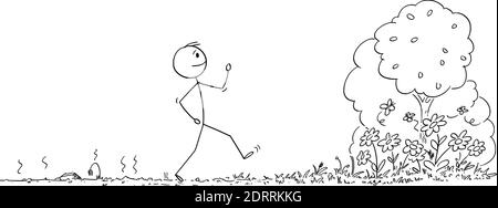 Vektor Cartoon Stick Figur Illustration des Menschen zu Fuß von Ort mit sterbenden Pflanzen, Natur oder Ökosystem, trocken oder trocken im Wald mit blühenden Blumen und Bäumen. Stock Vektor