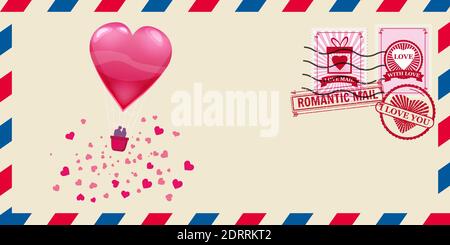 Briefumschlag für Valentinstag mit Herz geformten Ballon mit Senken, Briefmarke. Vektordarstellung der Vorlage isoliert Stock Vektor