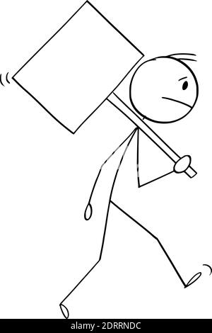 Vektor Cartoon Stick Figur Illustration von gestresst, frustriert, traurig oder müde Mann oder Geschäftsmann zu Fuß mit leerem Zeichen bereit für Ihren Text. Stock Vektor