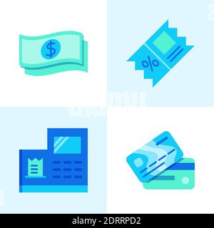Zahlungssymbol in flacher Ausführung. Dollar-Banknote, Rabatt-Coupon, Kreditkarte und Registrierungssymbole. Vektorgrafik. Stock Vektor
