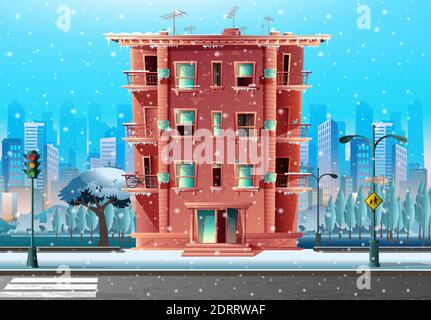 Vector Winter verschneiten Cartoon-Stil moderne mehrstöckige Gebäude, Architektur im Cartoon-Stil alle Straße im Schnee bedeckt. Strassenkreuzung und Schulschild. Stock Vektor