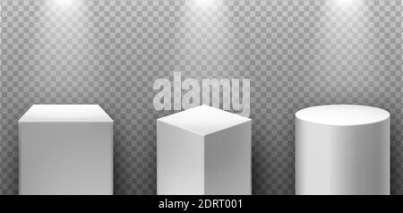Museumsexposition, leere Produktstände. 3d realistische Vektor quadratisches Podium mit Spotlicht und transparentem Hintergrund. Stock Vektor