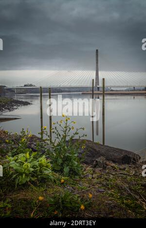 Eine vertikale Aufnahme der River Suir Bridge in Waterford Irland unter dem wolkenlosen Himmel Stockfoto