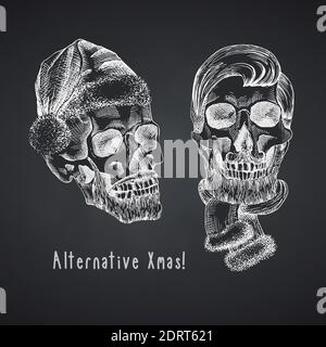 Set handgezeichnete Skizze menschlichen Schädel mit santa Hut und Pelz Schal. Kreide Grafik Gravur Kunst isoliert auf Kreidetafel Hintergrund. Alternative Weihnachten Stock Vektor