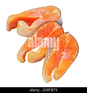 Geräucherte, arktische Char-Steaks, isoliert auf weißem Hintergrund, Draufsicht, Nahaufnahme Stockfoto