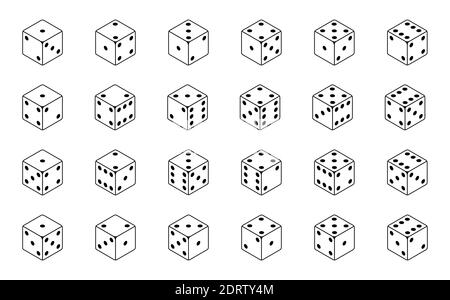 Satz der isometrischen Würfel-Kombination. Poker Glücksspiel Würfel für Casino isoliert schwarz und weiß Vektor-Illustration. Stock Vektor