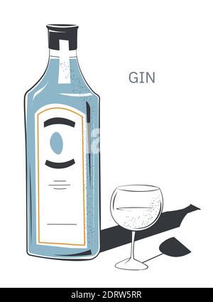 Dry Gin in Flasche mit Etikett, Glas mit Getränk Stock Vektor