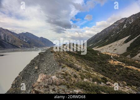 Das Tasman Valley, ein Beispiel eines vergletscherten Tals in den südlichen Alpen, Südinsel, Neuseeland. Stockfoto