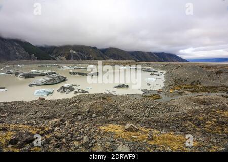 Das Tasman Valley, ein Beispiel eines vergletscherten Tals in den südlichen Alpen, Südinsel, Neuseeland. Stockfoto