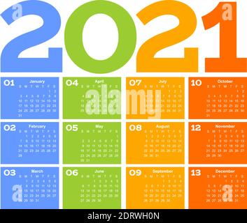 Jahr 2021 einseitiger Monatskalender, mehrfarbig auf weißem Hintergrund. Vektorvorlage. Tabelle der Jahresagenda. Alle Monate auf einer Seite. Stock Vektor