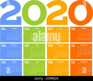 Jahr 2020 einseitiger Monatskalender, mehrfarbig auf weißem Hintergrund. Vektorvorlage. Tabelle der Jahresagenda. Alle Monate auf einer Seite. Stock Vektor