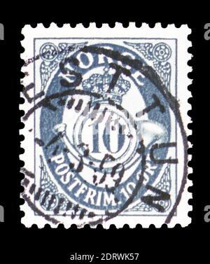 MOSKAU, RUSSLAND - 10. FEBRUAR 2019: Eine in Norwegen gedruckte Briefmarke zeigt Posthorn, Serie, um 1950 Stockfoto