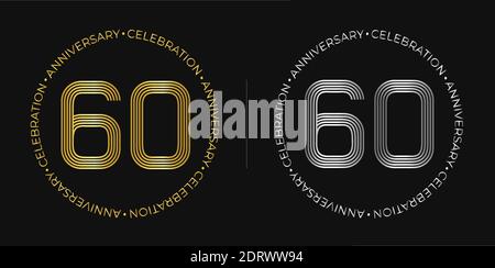 60. Geburtstag. Banner zum 60-jährigen Jubiläum in goldenen und silbernen Farben. Kreisförmiges Logo mit originalem Zifferndesign in eleganten Linien. Stock Vektor