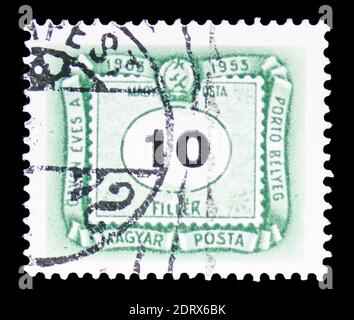 MOSKAU, RUSSLAND - 10. FEBRUAR 2019: Eine in Ungarn gedruckte Briefmarke zeigt Postage Due, Serie, um 1953 Stockfoto