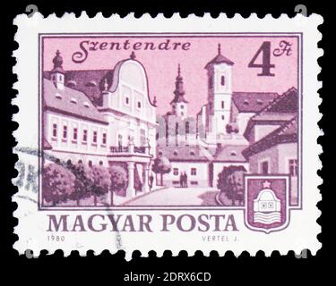 MOSKAU, RUSSLAND - 10. FEBRUAR 2019: Eine in Ungarn gedruckte Briefmarke zeigt Szentendre, Cityscapes Serie, um 1980 Stockfoto