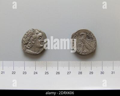 Herrscher: Ptolemäus XIII Theos Philopator, Altmazedonisch, 51–47 v. Chr. Münzstätte: Alexandria, Tetradrachm von Ptolemäus XIII Theos Philopator aus Alexandria, 51–47 v. Chr., Silber, 14.03 g, 12:00, 24.7 mm, hergestellt in Alexandria, Ägypten, Griechisch, 1. Jahrhundert v. Chr., Numismatik Stockfoto