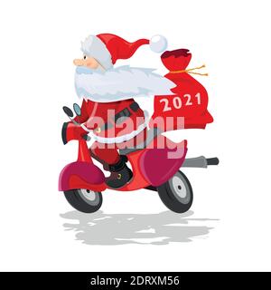 Vektor-Cartoon-Illustration von glücklichen Weihnachtsmann mit einer Geschenktüte Reiten ein Roller. Stock Vektor