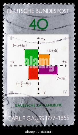 MOSKAU, RUSSLAND - 20. FEBRUAR 2019: Eine in Deutschland gedruckte Briefmarke zeigt Geburtsjahrfeier von Carl Friedrich Gauss (1777-1855), Gauss - Stockfoto