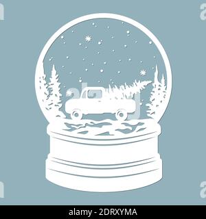 Eine Schneekugel, ein Auto, das einen Weihnachtsbaum trägt. Um Tannenbäume und Schnee. Laserschneiden. Vektorgrafik. Schablone für Laserschneiden, Plotter und Stock Vektor