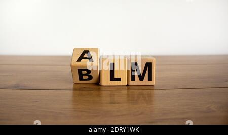 BLM vs. ALM-Symbol. Drehte Würfel und änderte Wort 'BLM - schwarz lebt Angelegenheiten' zu 'ALM - alle Leben Angelegenheiten'. Schöner weißer Hintergrund. Business und BL Stockfoto