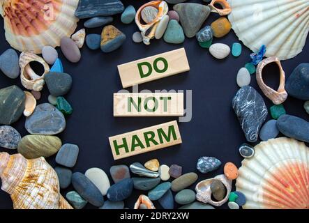 Symbol nicht beschädigen. Worte "Don't Harm" auf Holzblöcken auf einem schönen schwarzen Hintergrund. Seesteine und Muscheln. Business und nicht schaden Konzept. Stockfoto