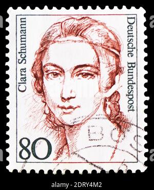 MOSKAU, RUSSLAND - 20. FEBRUAR 2019: Eine in Deutschland gedruckte Briefmarke zeigt Clara Schumann (1819-1896), Pianistin und Komponistin, Frauen in Deutschland Stockfoto