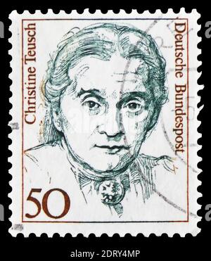 MOSKAU, RUSSLAND - 20. FEBRUAR 2019: Eine in Deutschland, Bundesrepublik, gedruckte Briefmarke zeigt Christine Teusch (1888-1968), Politikerin, Frauen im deutschen Hist Stockfoto