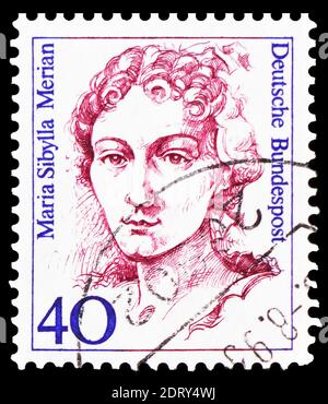 MOSKAU, RUSSLAND - 20. FEBRUAR 2019: Eine in Deutschland, Bundesrepublik, gedruckte Briefmarke zeigt Maria Sibylla Merian (1647-1717), Malerin, Naturforscherin und Schiese Stockfoto