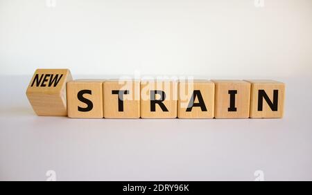 Neuer Stamm des Virus-Symbols. Drehte Würfel und änderte Wörter "Zug" zu "neuer Stamm". Schöner weißer Hintergrund. Medizinische und covid-19 Pandemie neu Stockfoto