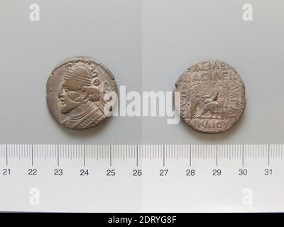 Herrscher: Vologases II, 77-147 A.D. Münzstätte: Seleucia ad Tigrim, Tetradrachm von Vologases II von Seleucia ad Tigrim, A.D. 78–79, Silber, 11.38 g, 12:00, 27.9 mm, hergestellt in Seleucia ad Tigrim, Mesopotamien, Parthian, 1. Jahrhundert A.D., Numismatik Stockfoto