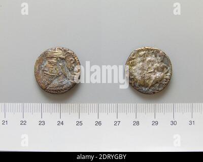 Herrscher: Vologases VMint: Seleucia ad Tigrim, Tetradrachm von Vologases V von Seleucia ad Tigrim, A.D. 210–11, Silber, 8.07 g, 12:00, 25.3 mm, hergestellt in Seleucia ad Tigrim, Mesopotamien, Parthian, 3. Jahrhundert A.D., Numismatik Stockfoto