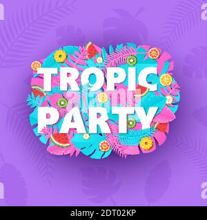 Wörter TROPIC PARTY Komposition mit kreativen rosa blauen Dschungel Blätter und Früchte auf lila Hintergrund in Papier geschnitten Stil. Tropische Blatt weiße Buchstaben Stock Vektor