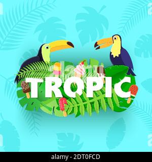 Wort TROPIC Komposition mit Dschungelblättern Eis zwei Tukane auf blauem Hintergrund in Papierschnitt-Stil. Weiße Buchstaben für Design Poster, Banner, Flyer Stock Vektor