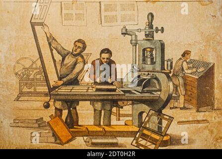 Schriftsetzer und Drucker des 19. Jahrhunderts, die mit Stanhope Gusseisen arbeiten Druckmaschine in Druckerei / Druckerei