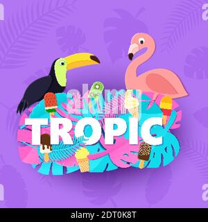 Wort TROPIC Komposition mit kreativen rosa blauen Dschungel Blätter Eis tucan Flamingo auf lila Hintergrund in Papier geschnitten Stil. Weiße Buchstaben für Stock Vektor