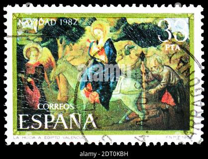 MOSKAU, RUSSLAND - 23. FEBRUAR 2019: Eine in Spanien gedruckte Briefmarke zeigt Flucht nach Ägypten, Weihnachtsserie, um 1982 Stockfoto