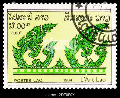 MOSKAU, RUSSLAND - 23. FEBRUAR 2019: Eine in Laos gedruckte Briefmarke zeigt Blätter, Kunstserie, um 1984 Stockfoto