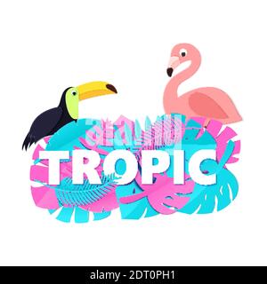 Wort TROPIC Komposition mit kreativen rosa blauen Dschungel Blätter Tucan Flamingo auf weißem Hintergrund in Papier geschnitten Stil. Weiße Buchstaben für Banner, Flyer Stock Vektor
